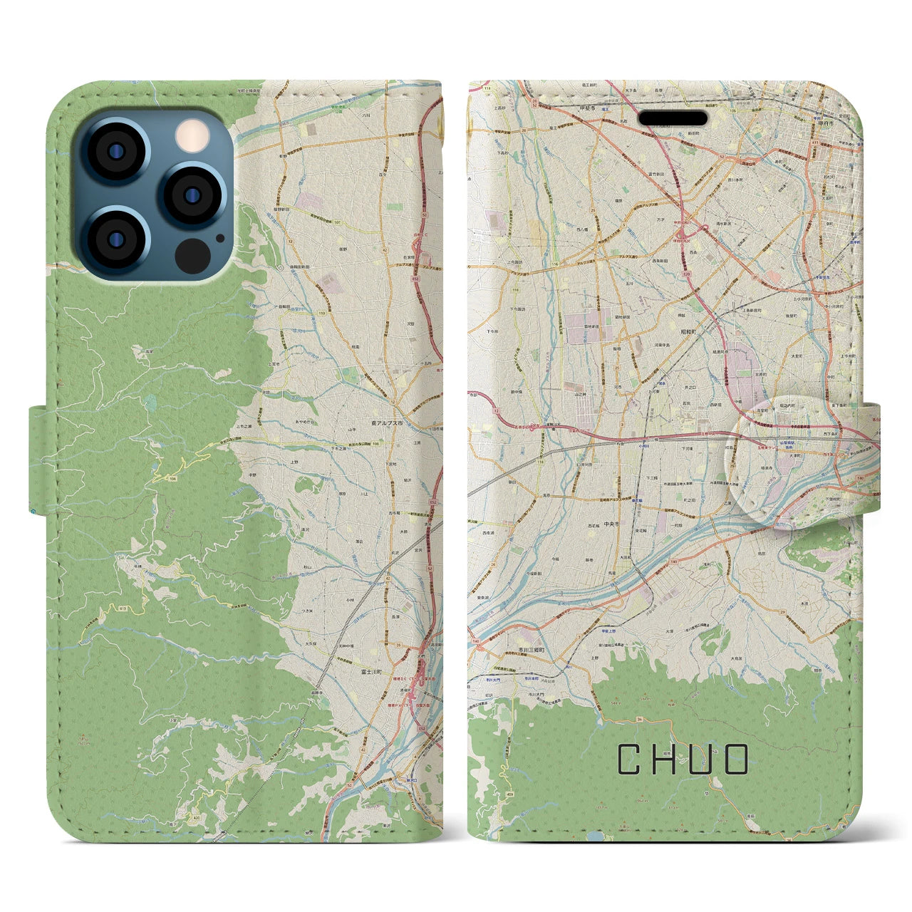 【中央（山梨県）】地図柄iPhoneケース（手帳タイプ）