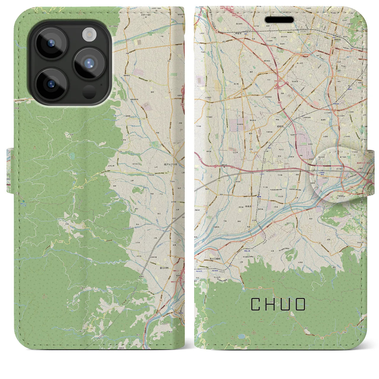 【中央（山梨県）】地図柄iPhoneケース（手帳タイプ）