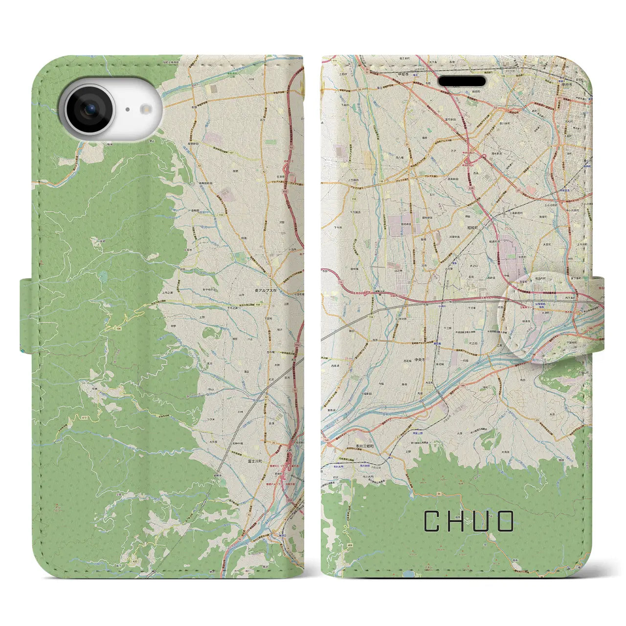 【中央（山梨県）】地図柄iPhoneケース（手帳タイプ）