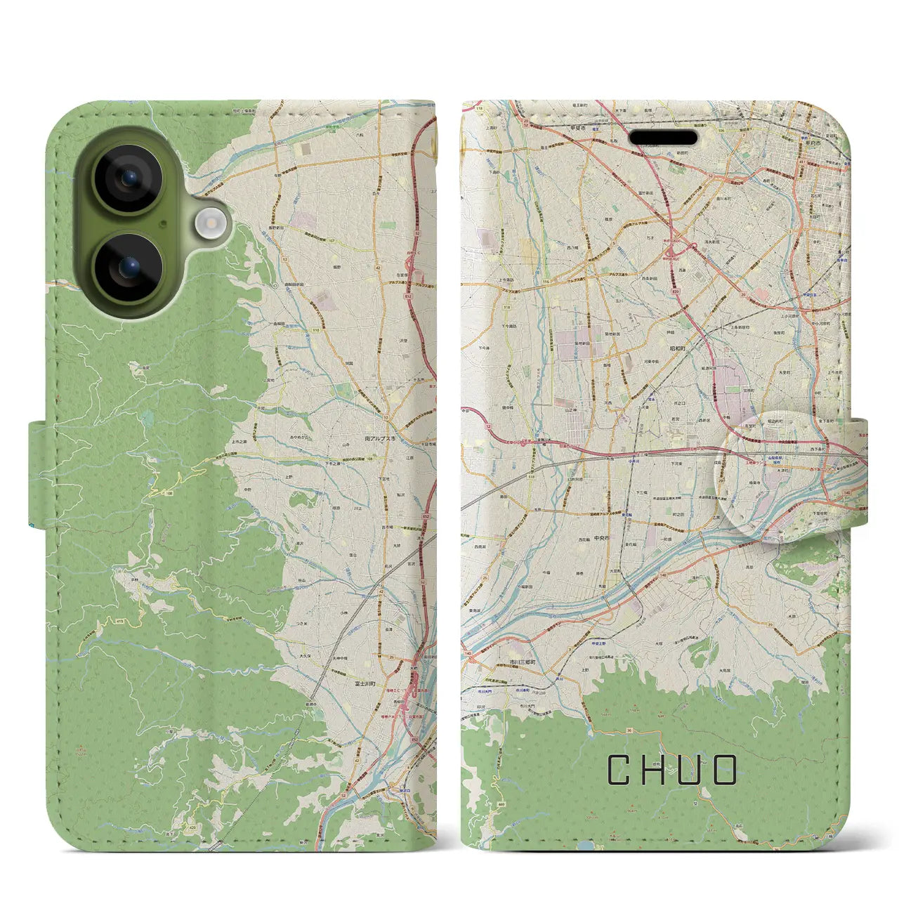 【中央（山梨県）】地図柄iPhoneケース（手帳タイプ）