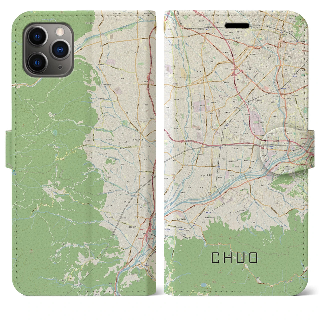 【中央（山梨県）】地図柄iPhoneケース（手帳タイプ）