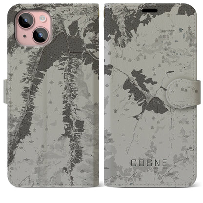 【コーニュ（イタリア）】地図柄iPhoneケース（手帳タイプ）モノトーン・iPhone 15 Plus 用