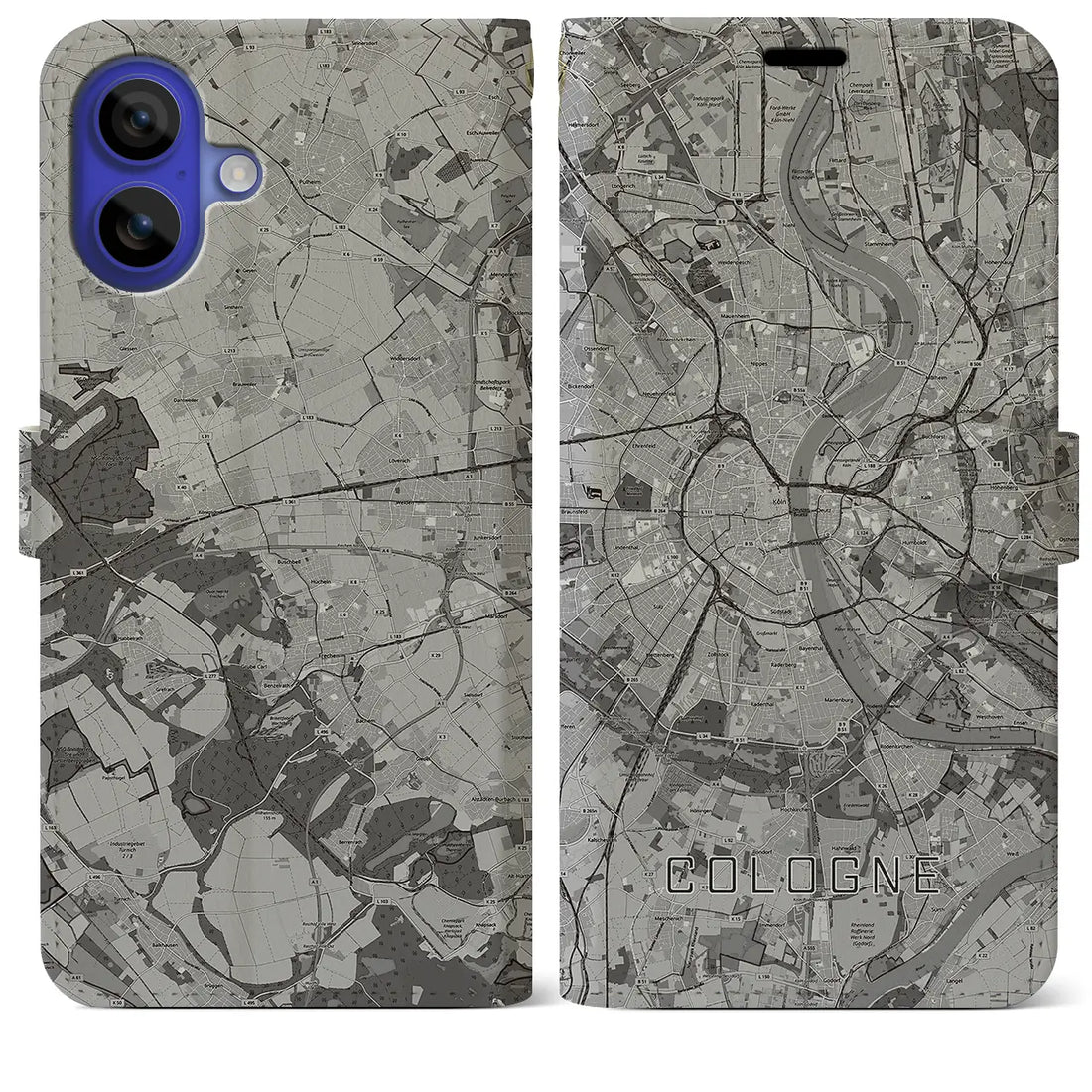 【ケルン(ドイツ)】地図柄iPhoneケース(手帳タイプ)モノトーン・iPhone 16 Pro Max 用