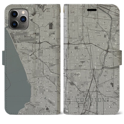 【コンプトン（アメリカ）】地図柄iPhoneケース（手帳タイプ）モノトーン・iPhone 11 Pro Max 用