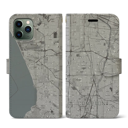 【コンプトン（アメリカ）】地図柄iPhoneケース（手帳タイプ）モノトーン・iPhone 11 Pro 用