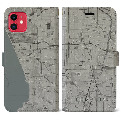 【コンプトン（アメリカ）】地図柄iPhoneケース（手帳タイプ）モノトーン・iPhone 11 用