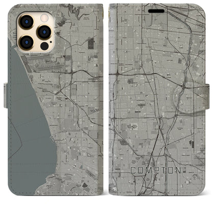 【コンプトン（アメリカ）】地図柄iPhoneケース（手帳タイプ）モノトーン・iPhone 12 Pro Max 用