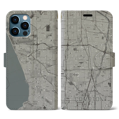 【コンプトン（アメリカ）】地図柄iPhoneケース（手帳タイプ）モノトーン・iPhone 12 / 12 Pro 用