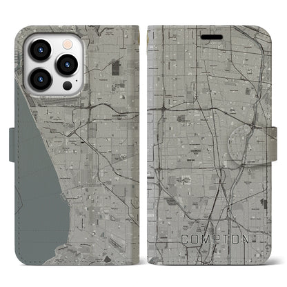 【コンプトン（アメリカ）】地図柄iPhoneケース（手帳タイプ）モノトーン・iPhone 13 Pro 用