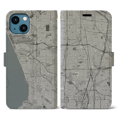 【コンプトン（アメリカ）】地図柄iPhoneケース（手帳タイプ）モノトーン・iPhone 13 用