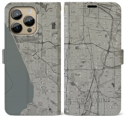 【コンプトン（アメリカ）】地図柄iPhoneケース（手帳タイプ）モノトーン・iPhone 14 Pro Max 用