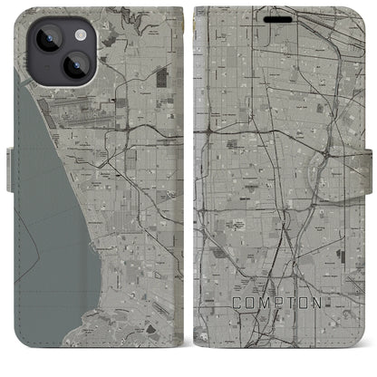 【コンプトン（アメリカ）】地図柄iPhoneケース（手帳タイプ）モノトーン・iPhone 14 Plus 用