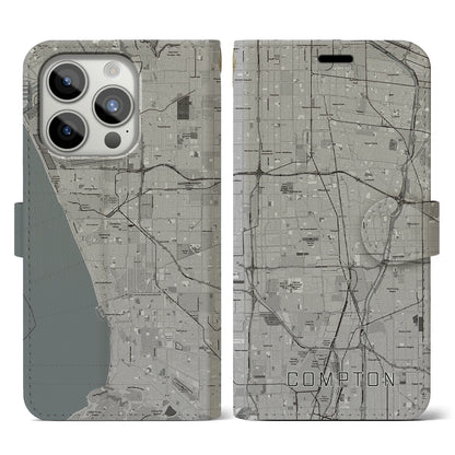 【コンプトン（アメリカ）】地図柄iPhoneケース（手帳タイプ）モノトーン・iPhone 15 Pro 用