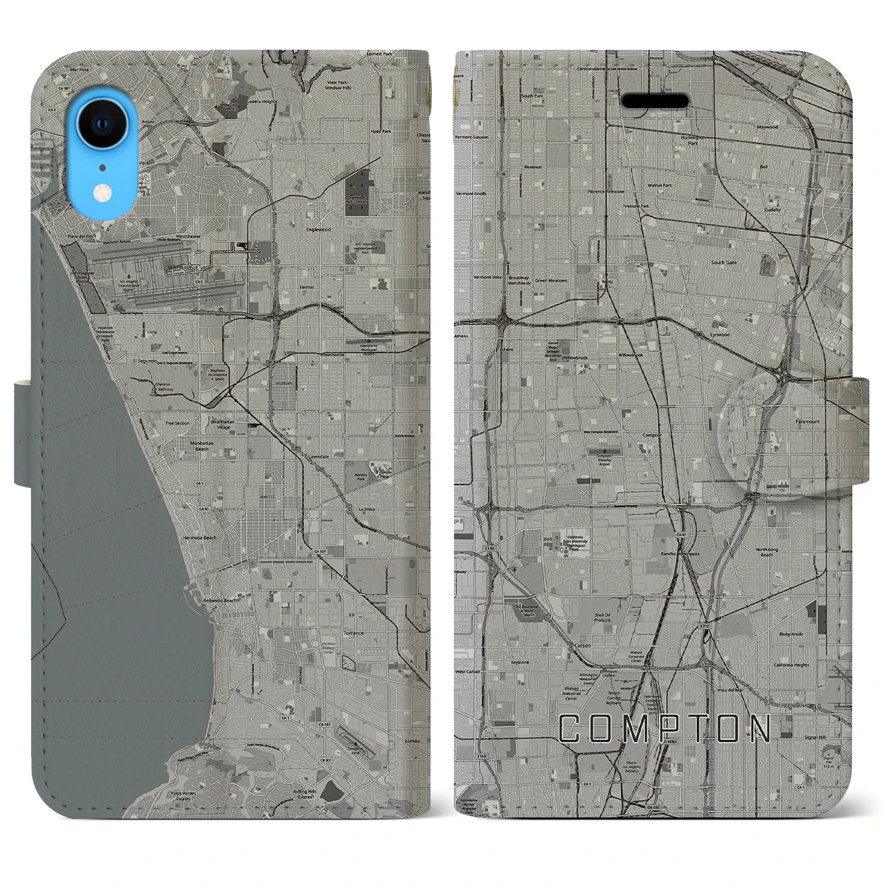 【コンプトン】地図柄iPhoneケース（手帳両面タイプ・モノトーン）iPhone XR 用