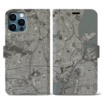 【コペンハーゲン（デンマーク）】地図柄iPhoneケース（手帳タイプ）モノトーン・iPhone 12 / 12 Pro 用