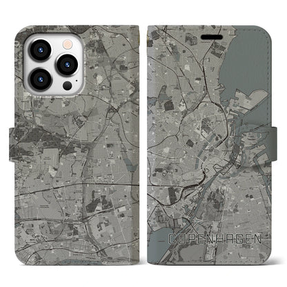 【コペンハーゲン（デンマーク）】地図柄iPhoneケース（手帳タイプ）モノトーン・iPhone 13 Pro 用