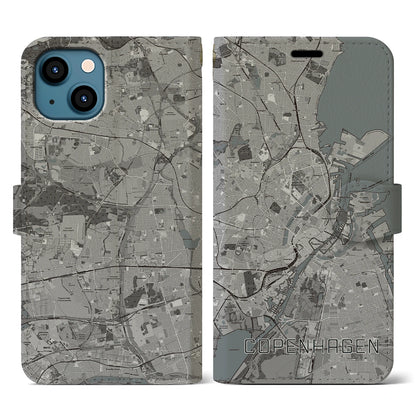 【コペンハーゲン（デンマーク）】地図柄iPhoneケース（手帳タイプ）モノトーン・iPhone 13 用