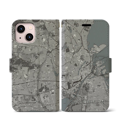 【コペンハーゲン（デンマーク）】地図柄iPhoneケース（手帳タイプ）モノトーン・iPhone 13 mini 用