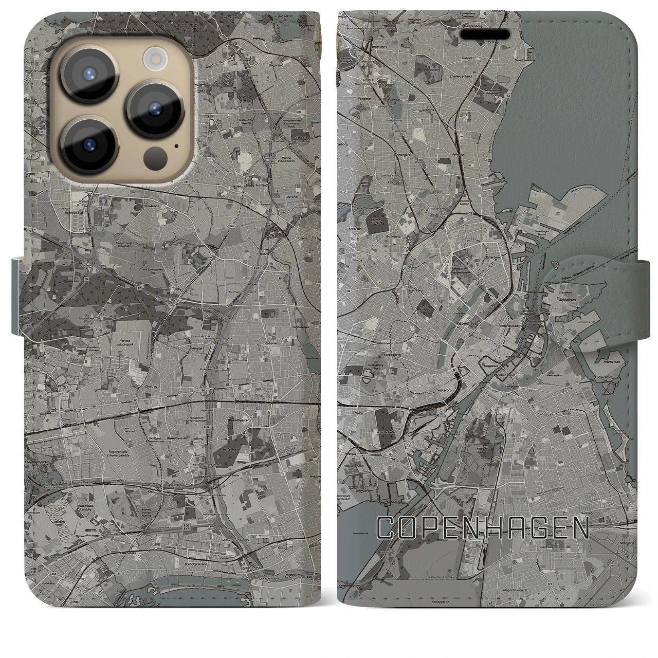 【コペンハーゲン】地図柄iPhoneケース（手帳両面タイプ・モノトーン）iPhone 14 Pro Max 用