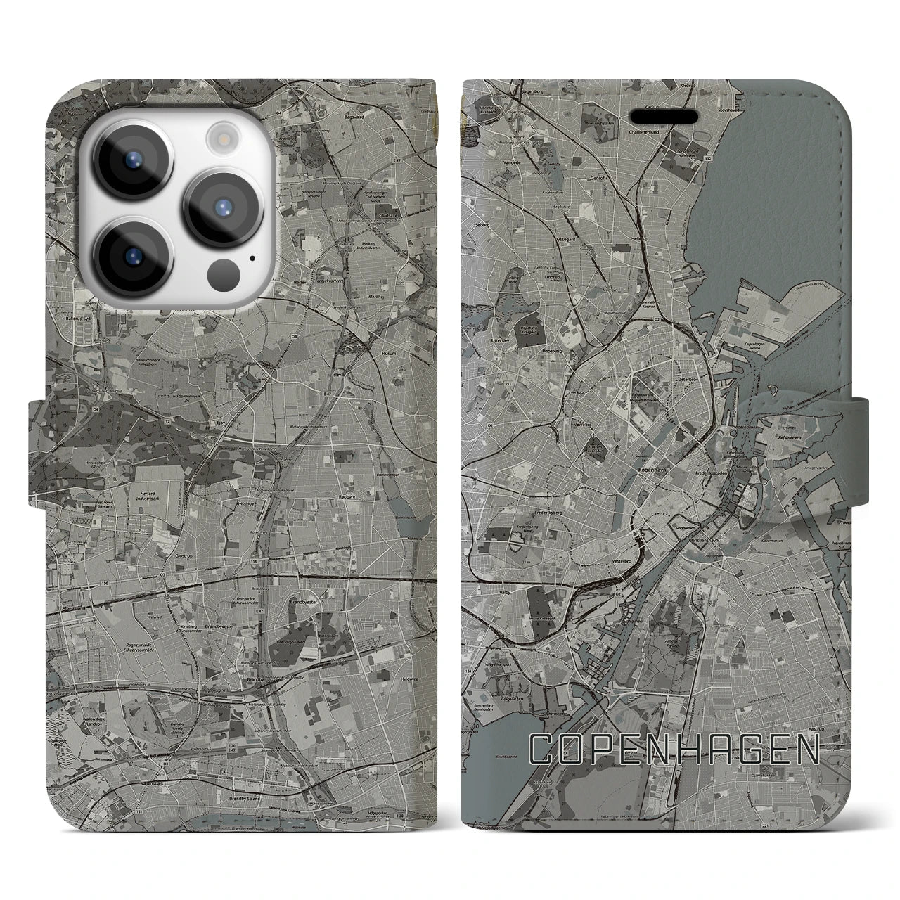 【コペンハーゲン】地図柄iPhoneケース（手帳両面タイプ・モノトーン）iPhone 14 Pro 用