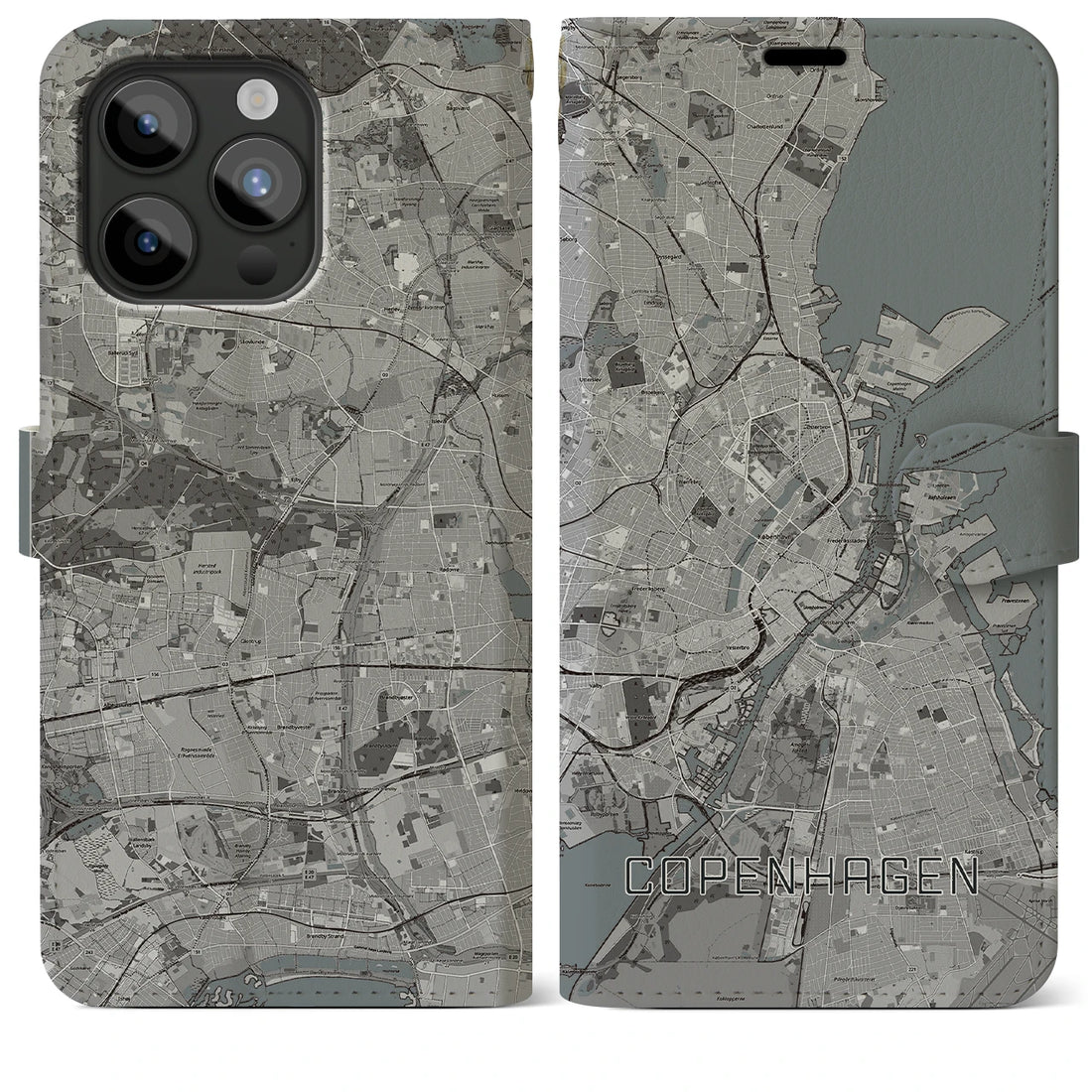 【コペンハーゲン】地図柄iPhoneケース（手帳両面タイプ・モノトーン）iPhone 15 Pro Max 用