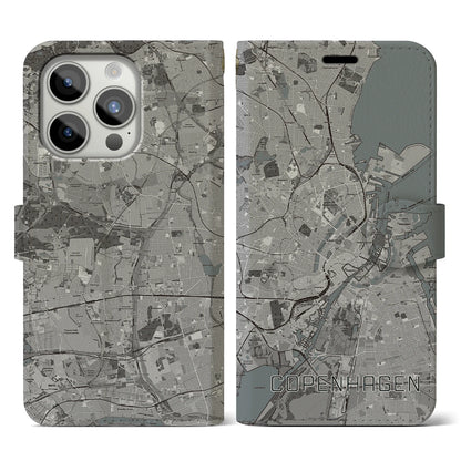 【コペンハーゲン（デンマーク）】地図柄iPhoneケース（手帳タイプ）モノトーン・iPhone 15 Pro 用