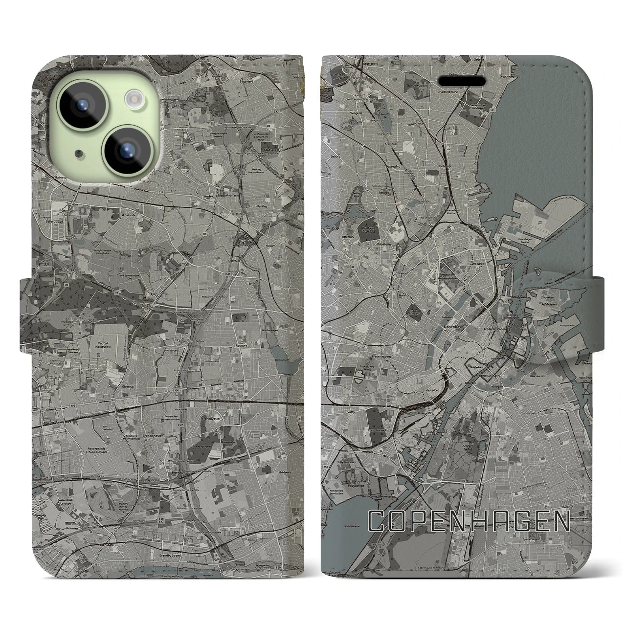 【コペンハーゲン】地図柄iPhoneケース（手帳両面タイプ・モノトーン）iPhone 15 用