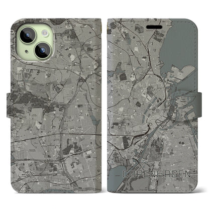 【コペンハーゲン（デンマーク）】地図柄iPhoneケース（手帳タイプ）モノトーン・iPhone 15 用
