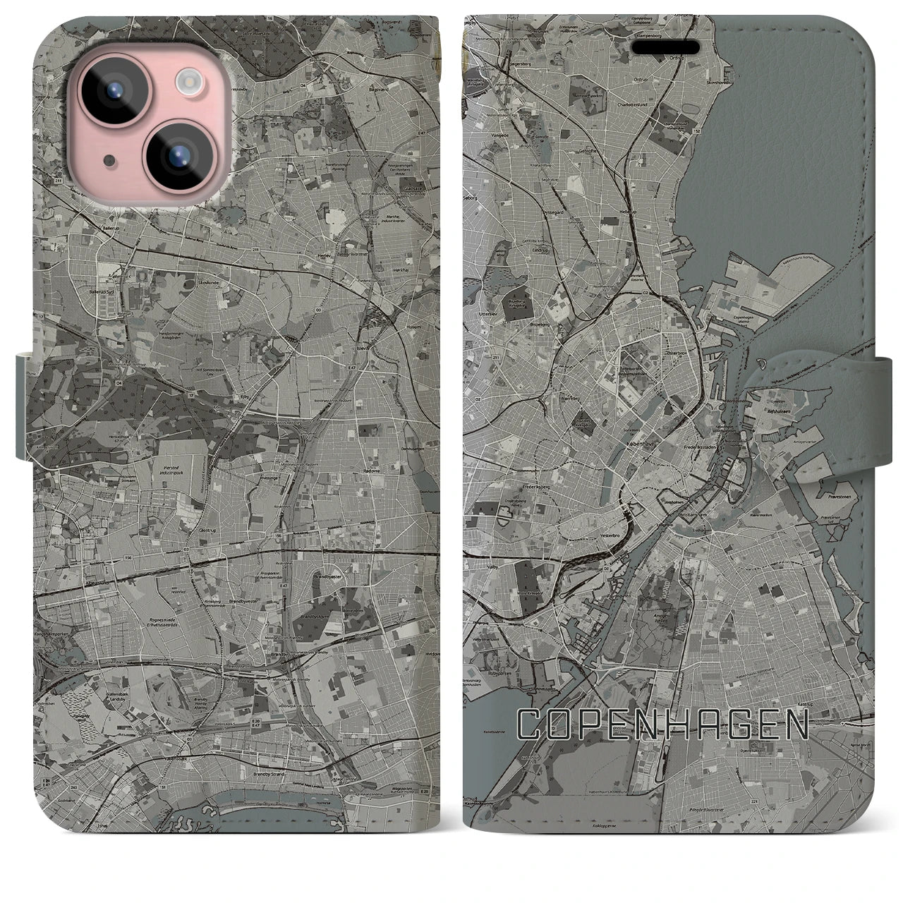 【コペンハーゲン】地図柄iPhoneケース（手帳両面タイプ・モノトーン）iPhone 15 Plus 用