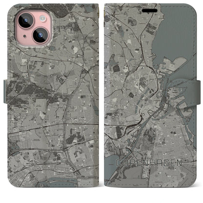 【コペンハーゲン（デンマーク）】地図柄iPhoneケース（手帳タイプ）モノトーン・iPhone 15 Plus 用