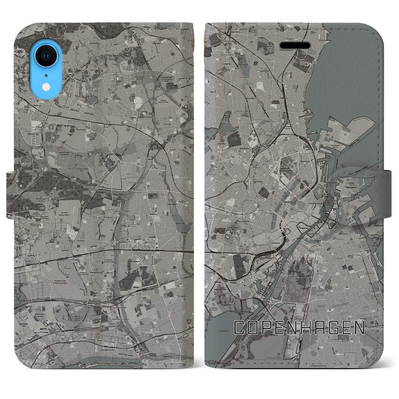 【コペンハーゲン】地図柄iPhoneケース（手帳両面タイプ・モノトーン）iPhone XR 用