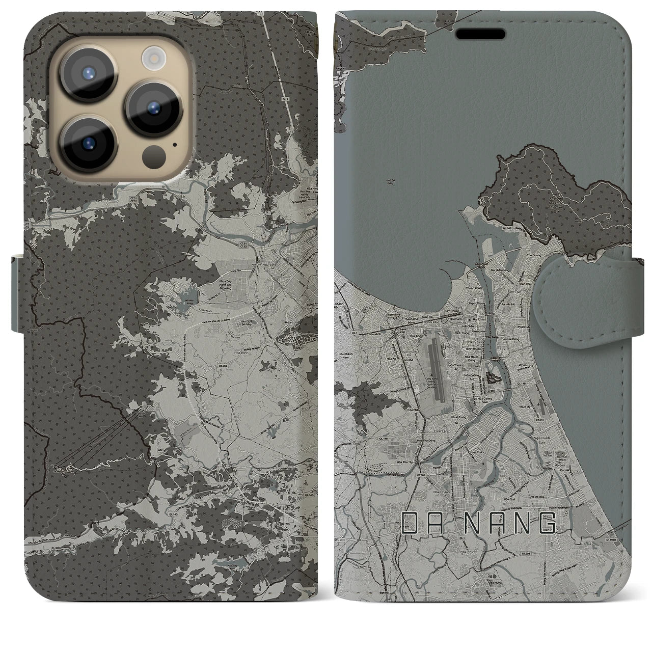 【ダナン】地図柄iPhoneケース（手帳両面タイプ・モノトーン）iPhone 14 Pro Max 用