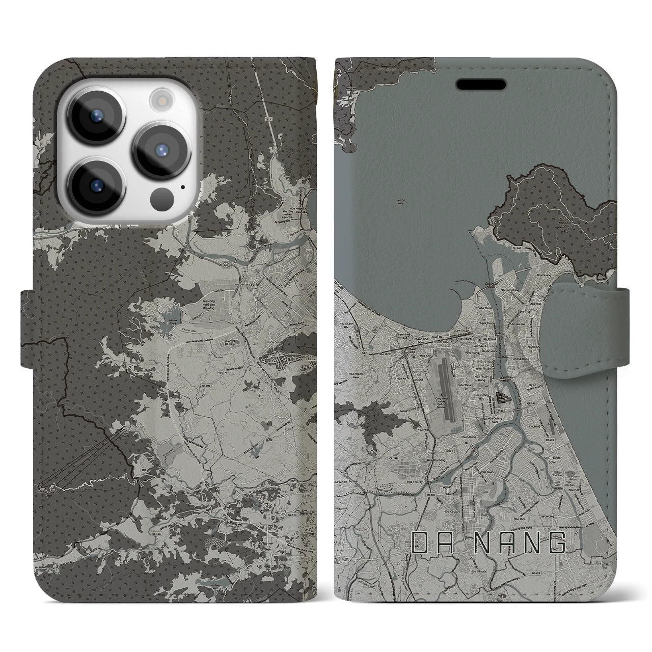 【ダナン】地図柄iPhoneケース（手帳両面タイプ・モノトーン）iPhone 14 Pro 用