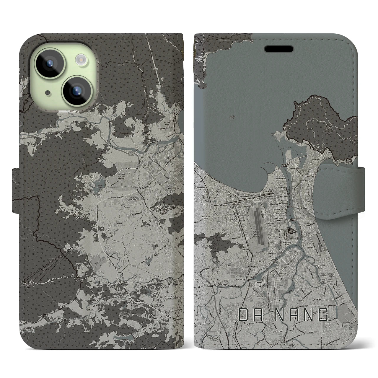 【ダナン】地図柄iPhoneケース（手帳両面タイプ・モノトーン）iPhone 15 用