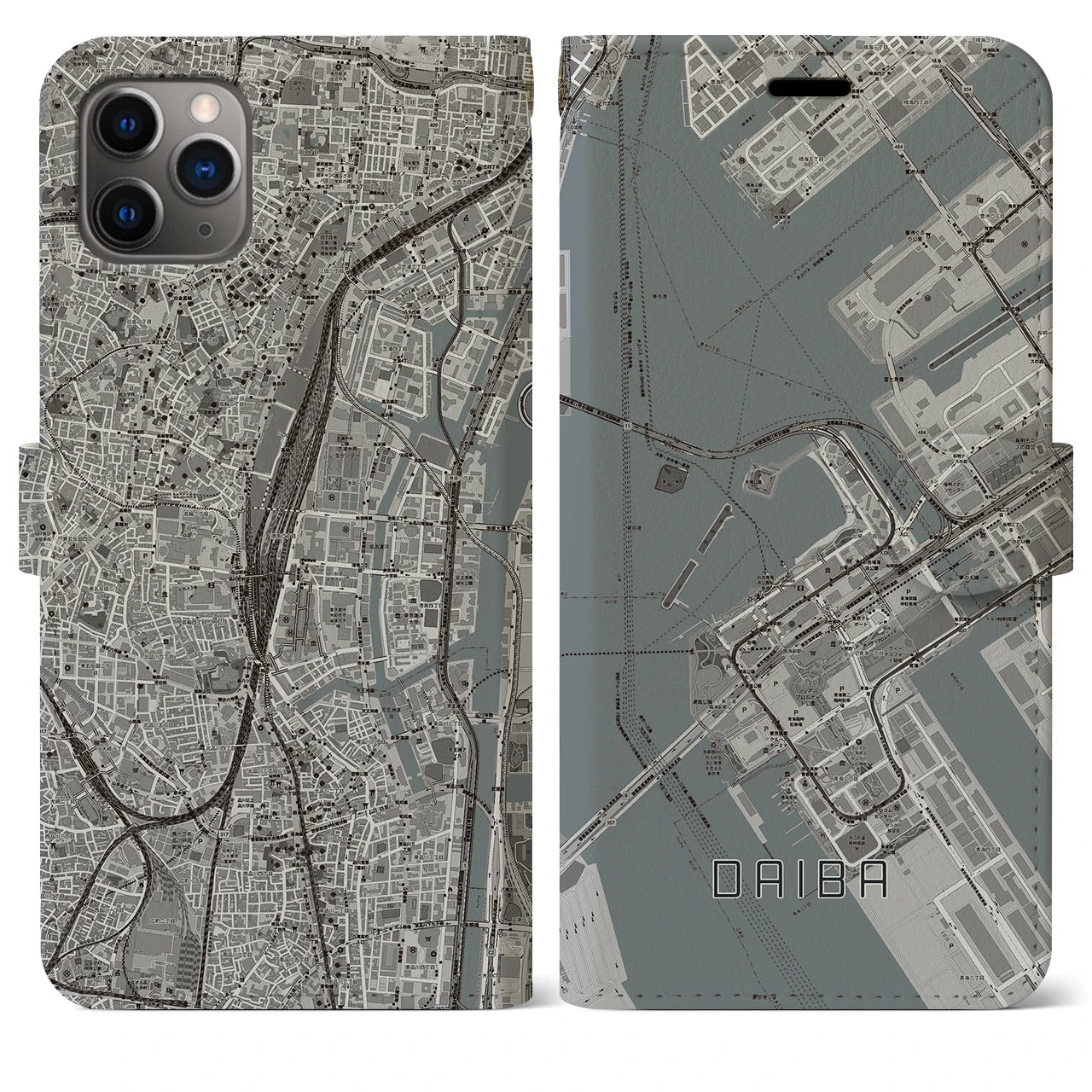 【台場】地図柄iPhoneケース（手帳両面タイプ・モノトーン）iPhone 11 Pro Max 用