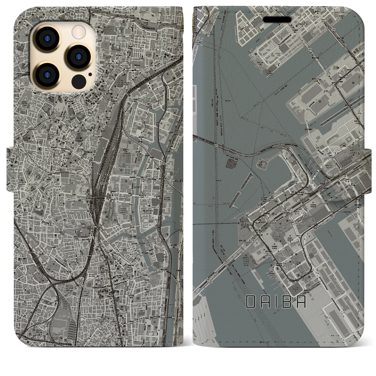 【台場】地図柄iPhoneケース（手帳両面タイプ・モノトーン）iPhone 12 Pro Max 用