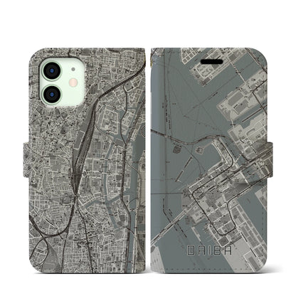 【台場（東京都）】地図柄iPhoneケース（手帳タイプ）モノトーン・iPhone 12 mini 用