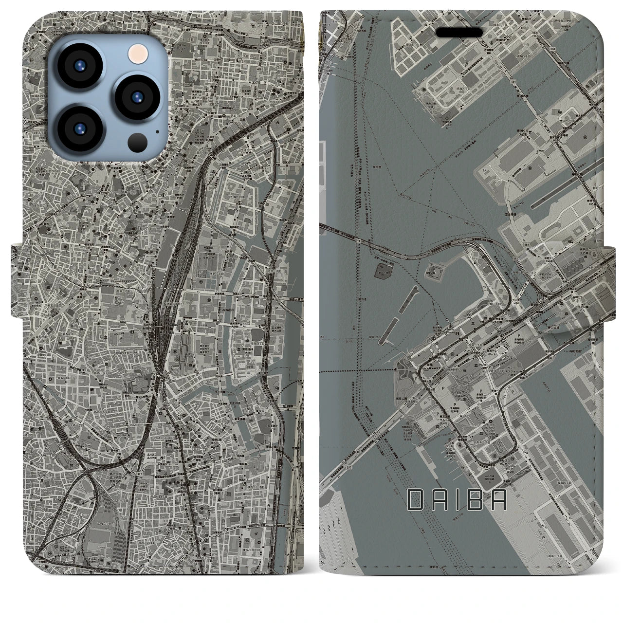 【台場】地図柄iPhoneケース（手帳両面タイプ・モノトーン）iPhone 13 Pro Max 用