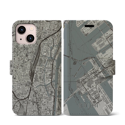 【台場（東京都）】地図柄iPhoneケース（手帳タイプ）モノトーン・iPhone 13 mini 用