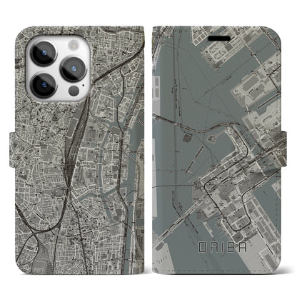 【台場（東京都）】地図柄iPhoneケース（手帳タイプ）モノトーン・iPhone 14 Pro 用