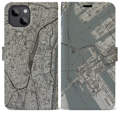 【台場（東京都）】地図柄iPhoneケース（手帳タイプ）モノトーン・iPhone 14 Plus 用