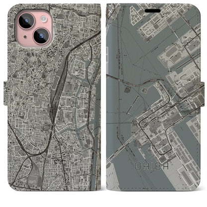 【台場（東京都）】地図柄iPhoneケース（手帳タイプ）モノトーン・iPhone 15 Plus 用