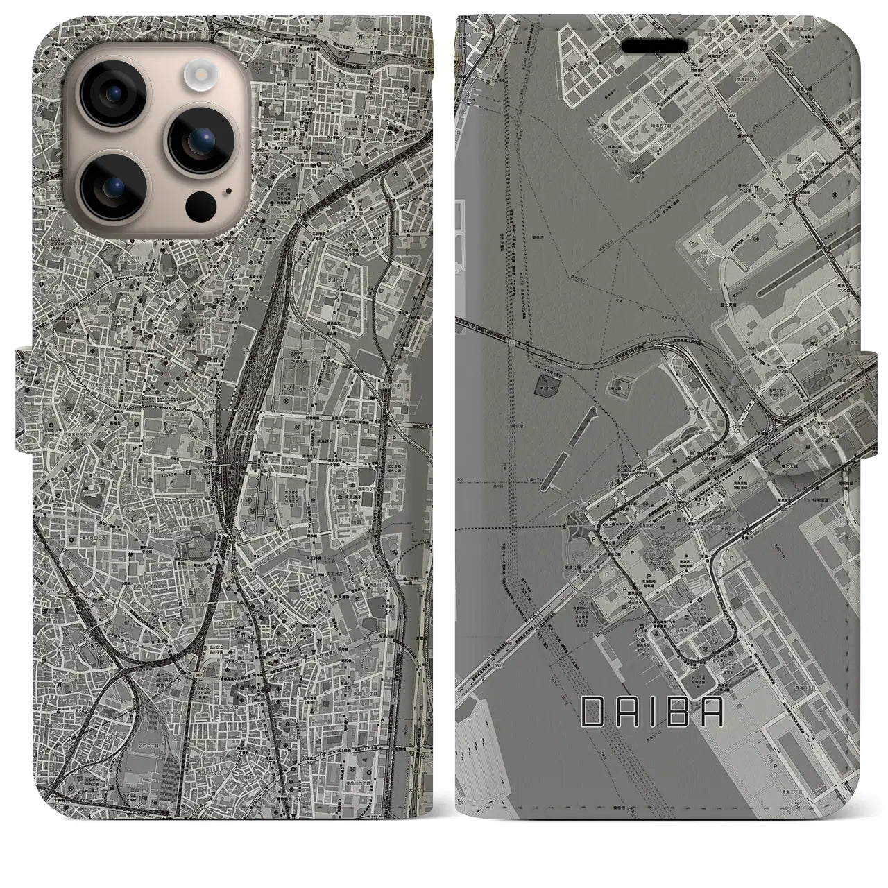 【台場（東京都）】地図柄iPhoneケース（手帳タイプ）モノトーン・iPhone 16 Plus 用