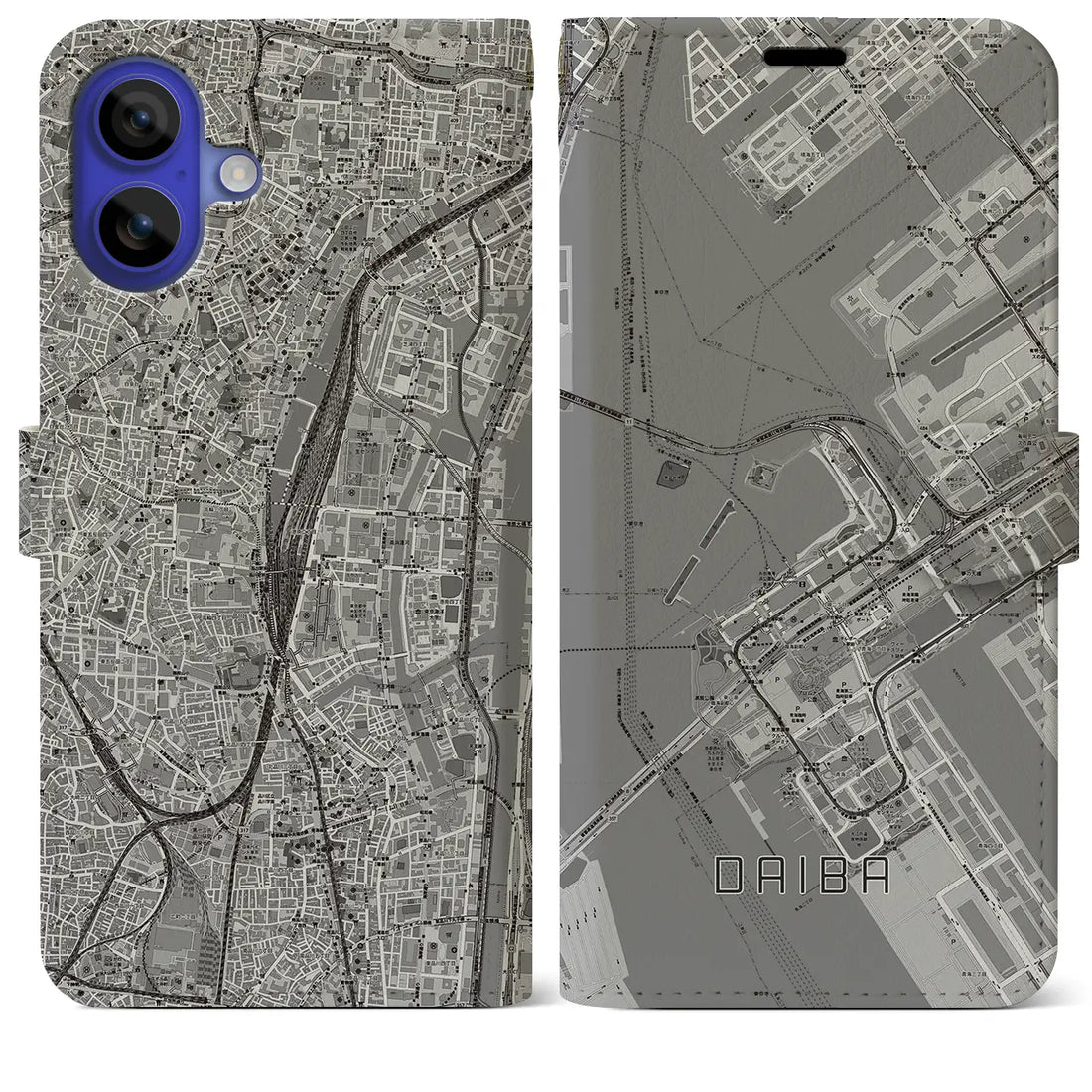 【台場(東京都)】地図柄iPhoneケース(手帳タイプ)モノトーン・iPhone 16 Pro Max 用