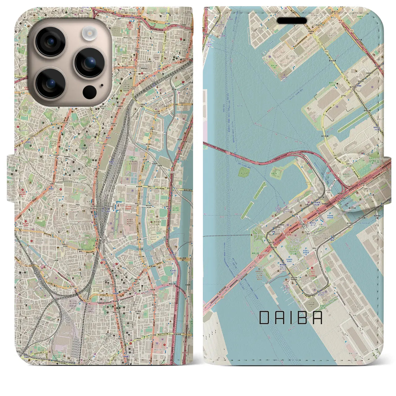 【台場（東京都）】地図柄iPhoneケース（手帳タイプ）ナチュラル・iPhone 16 Plus 用