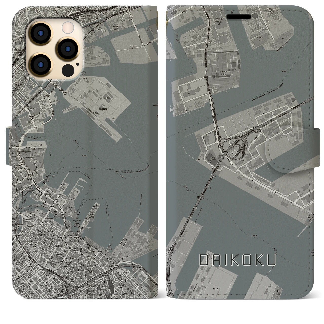 【大黒】地図柄iPhoneケース（手帳両面タイプ・モノトーン）iPhone 12 Pro Max 用