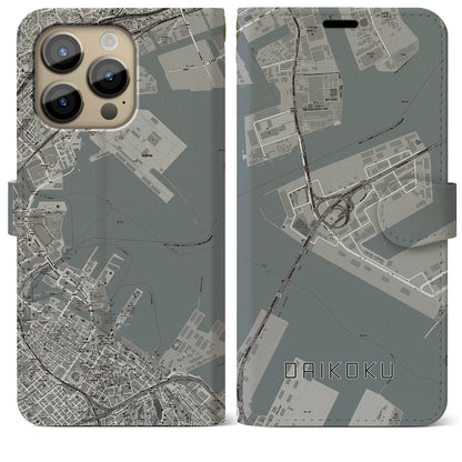 【大黒（神奈川県）】地図柄iPhoneケース（手帳タイプ）モノトーン・iPhone 14 Pro Max 用