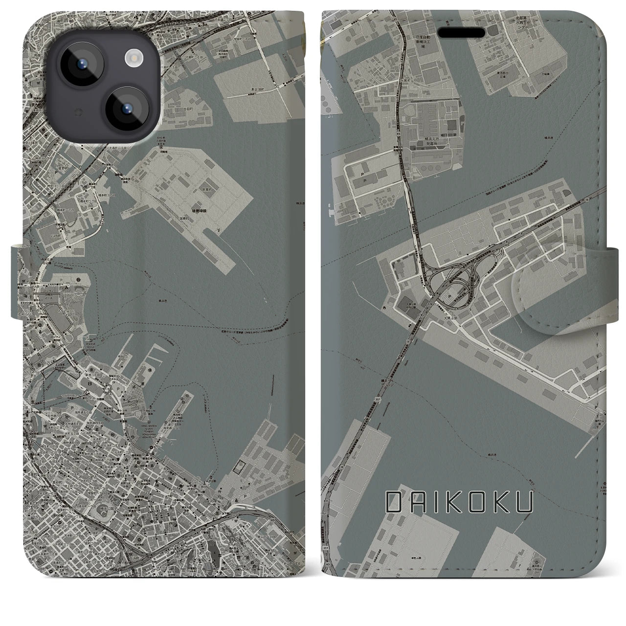 【大黒】地図柄iPhoneケース（手帳両面タイプ・モノトーン）iPhone 14 Plus 用