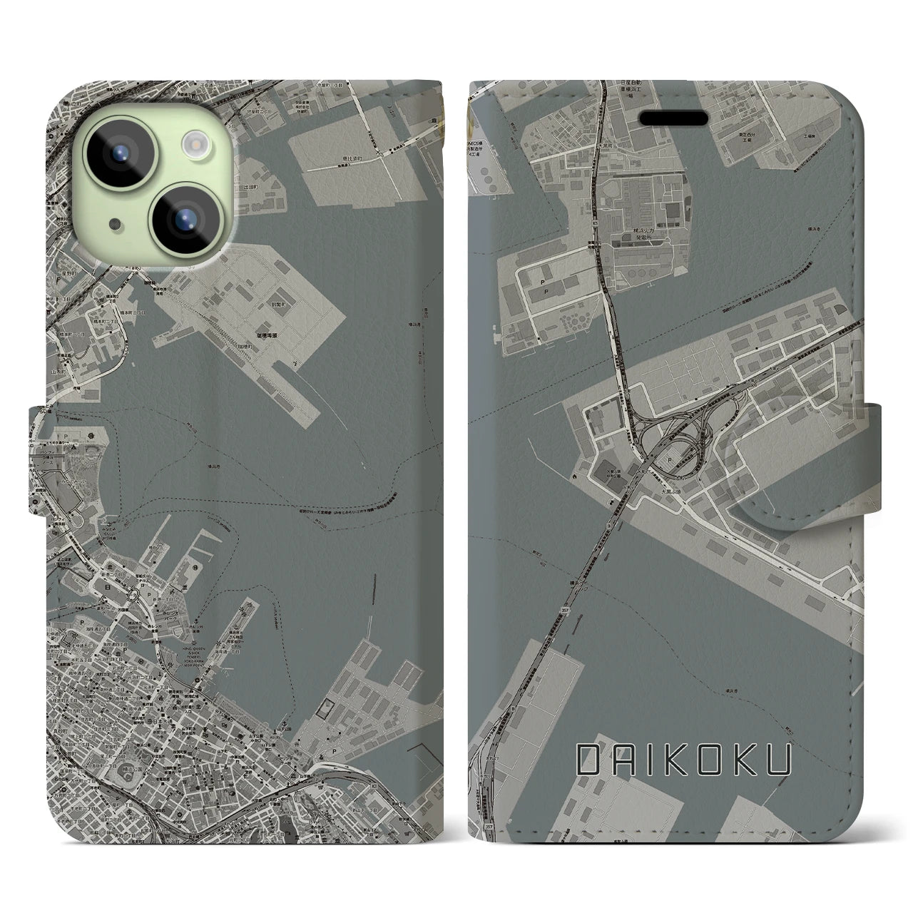 【大黒】地図柄iPhoneケース（手帳両面タイプ・モノトーン）iPhone 15 用