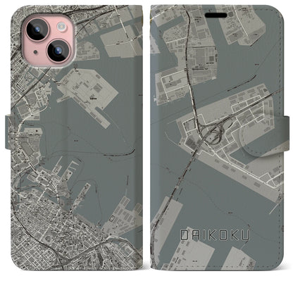 【大黒（神奈川県）】地図柄iPhoneケース（手帳タイプ）モノトーン・iPhone 15 Plus 用